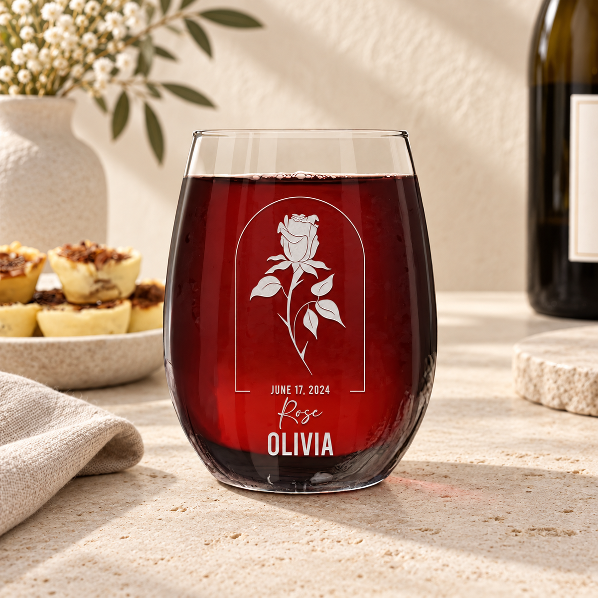 Personalized Stemless Wine Glass - Birth Flowers - "Rose June" — editorial product photograph