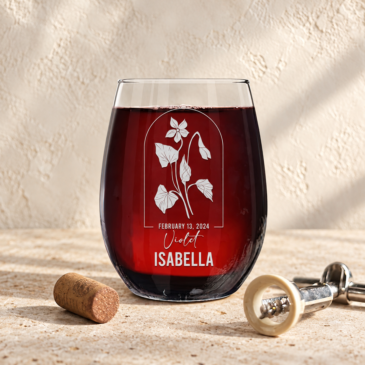 Personalized Stemless Wine Glass - Birth Flowers - "Violet February"