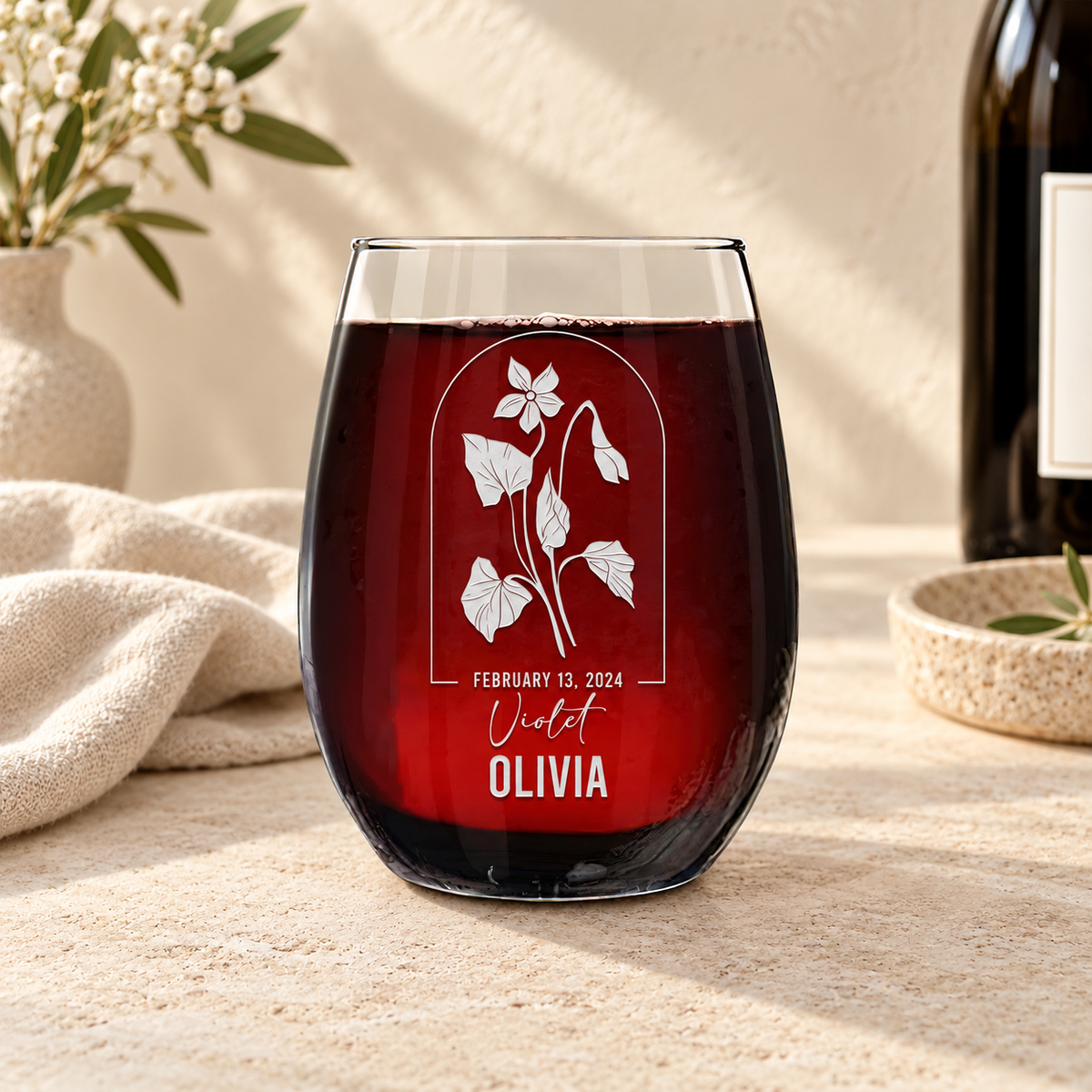 Personalized Stemless Wine Glass - Birth Flowers - "Violet February" — editorial product photograph