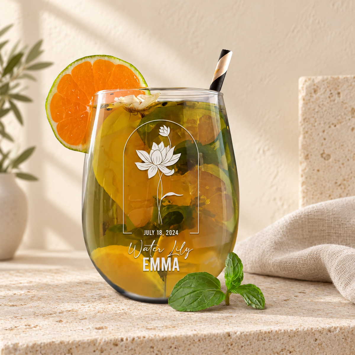 Personalized Stemless Wine Glass - Birth Flowers - "Water Lily July" — editorial product photograph