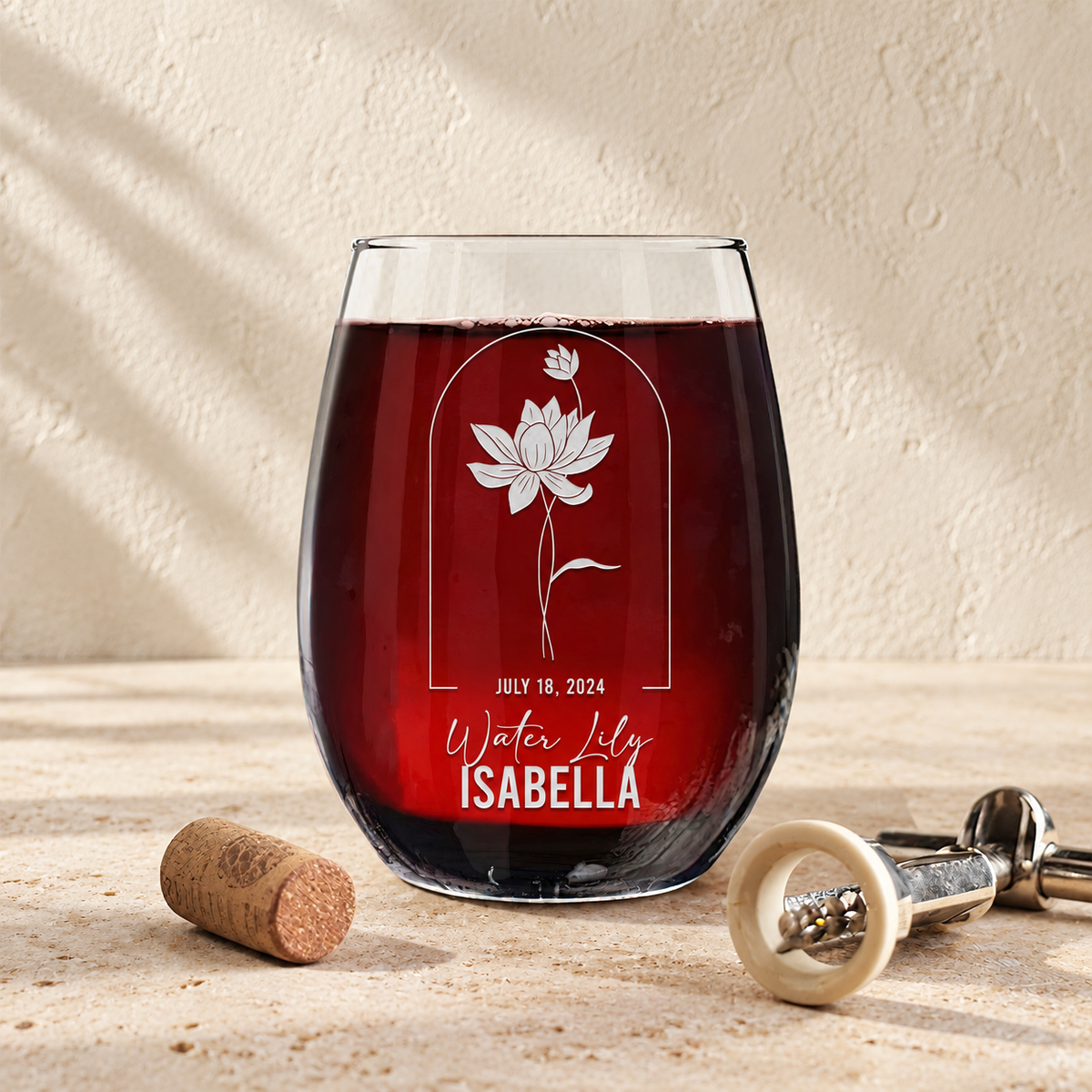 Personalized Stemless Wine Glass - Birth Flowers - "Water Lily July"
