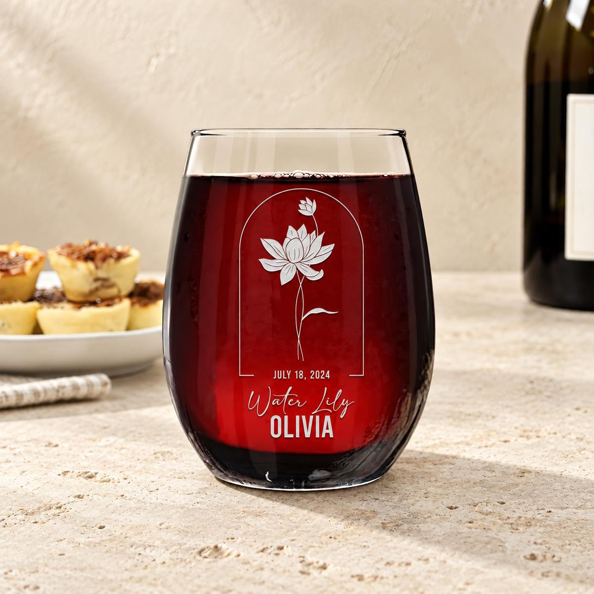 Personalized Stemless Wine Glass - Birth Flowers - "Water Lily July"