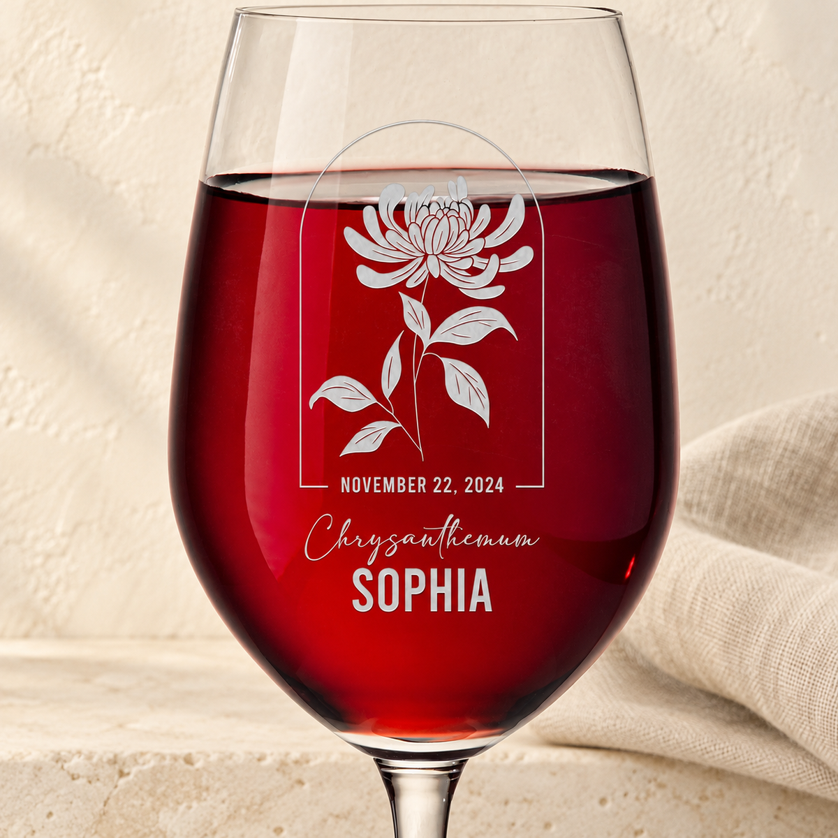 Personalized Wine Glass - Birth Flowers - "Chrysanthemum November" — editorial product photograph