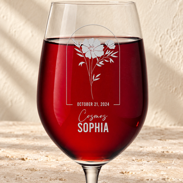 Personalized Wine Glass - Birth Flowers - "Cosmos October"