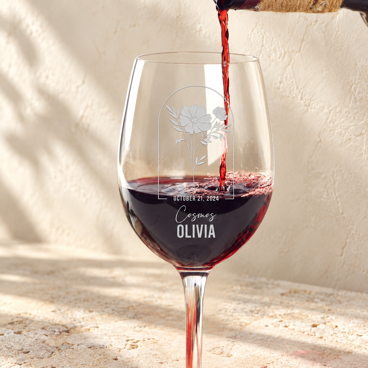 Personalized Wine Glass - Birth Flowers - "Cosmos October"
