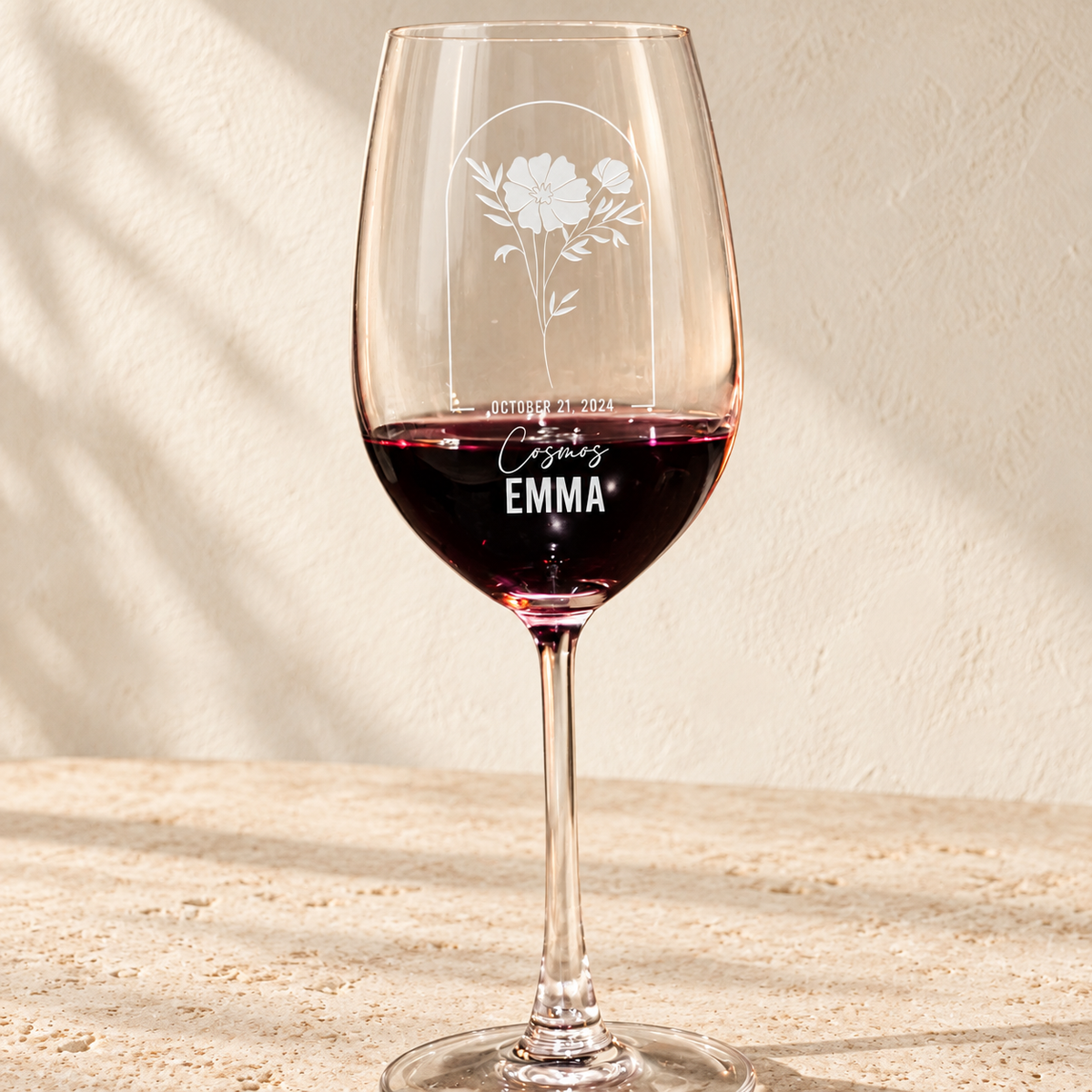 Personalized Wine Glass - Birth Flowers - "Cosmos October"