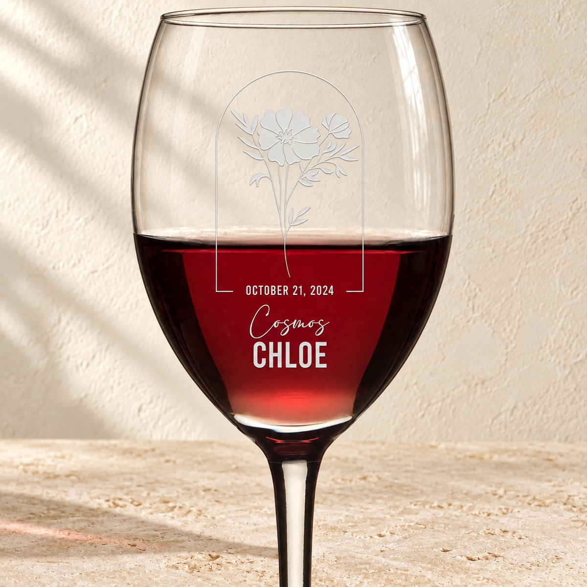 Personalized Wine Glass - Birth Flowers - "Cosmos October"