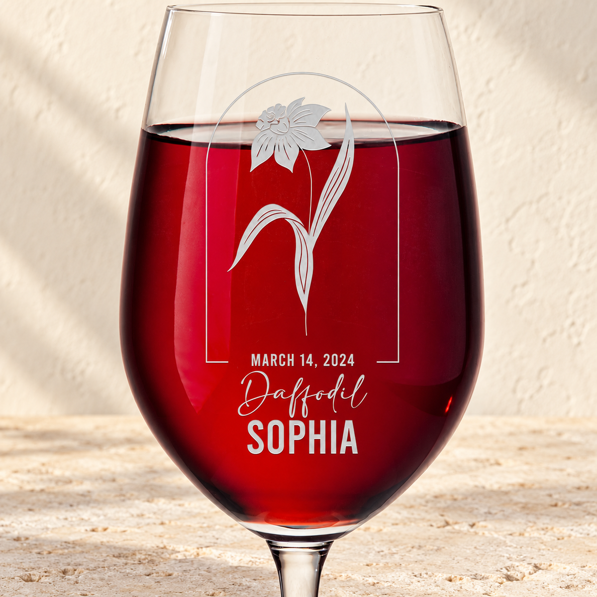 Personalized Wine Glass - Birth Flowers - "Daffodil March"