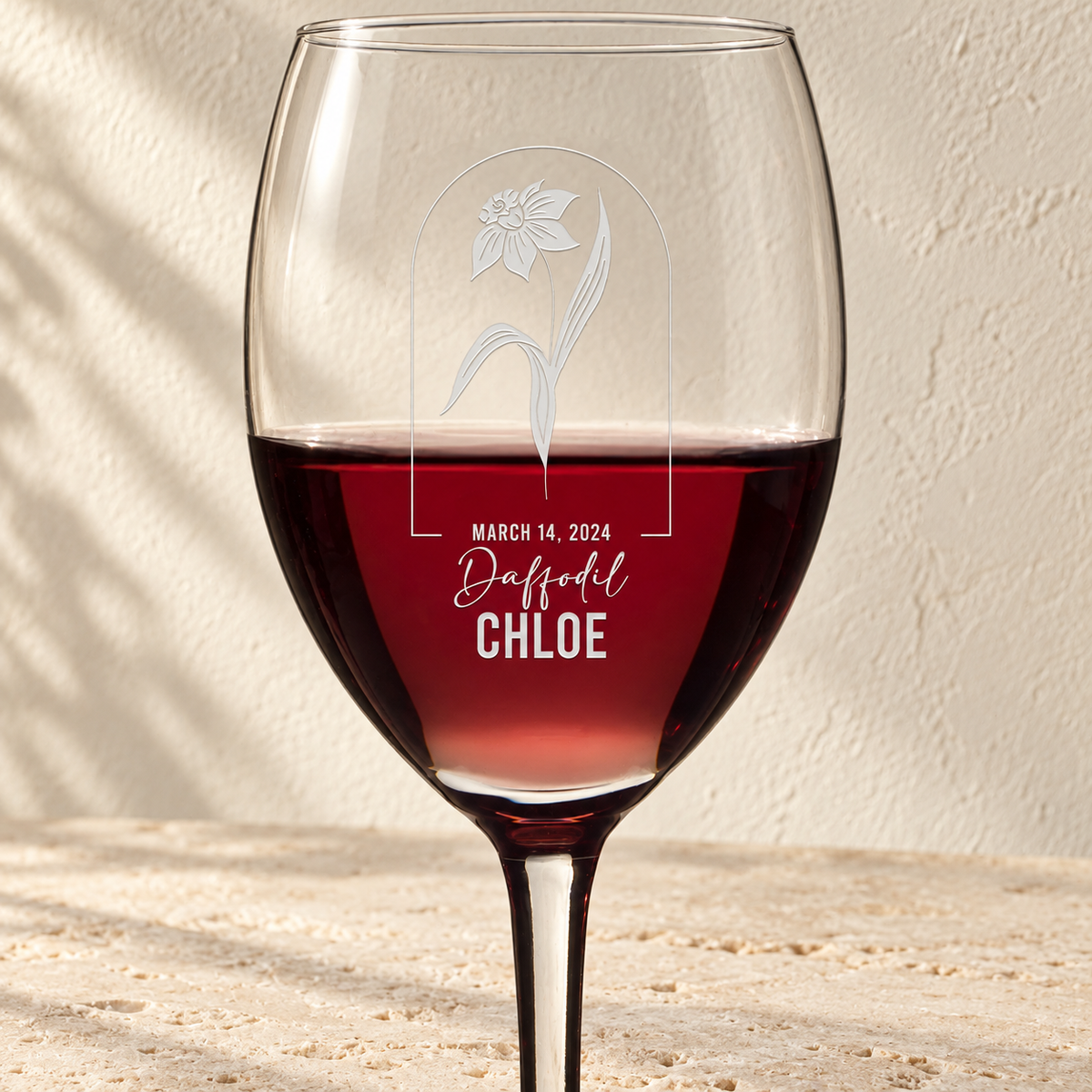 Personalized Wine Glass - Birth Flowers - "Daffodil March"