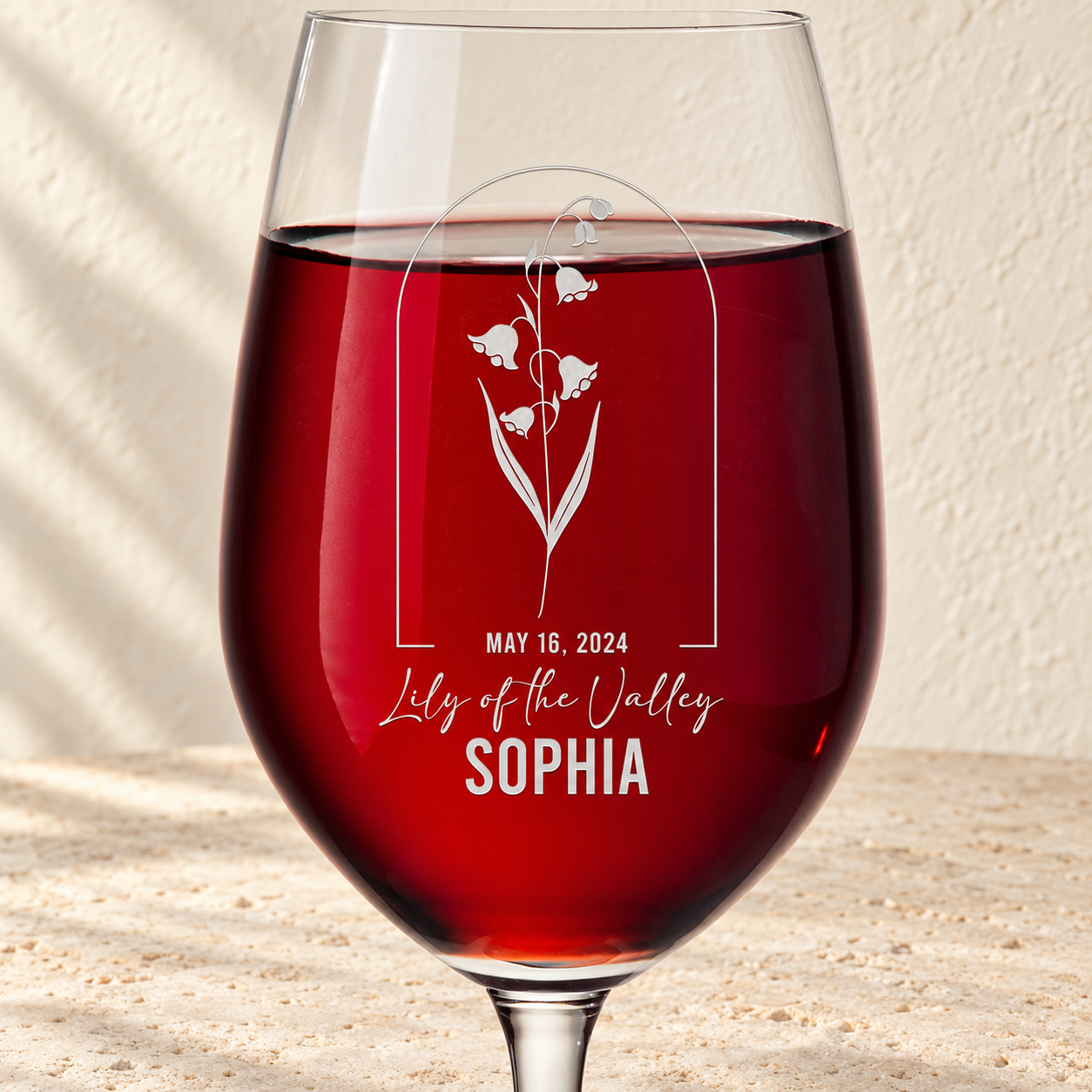 Personalized Wine Glass - Birth Flowers - "Lily of the Valley May"