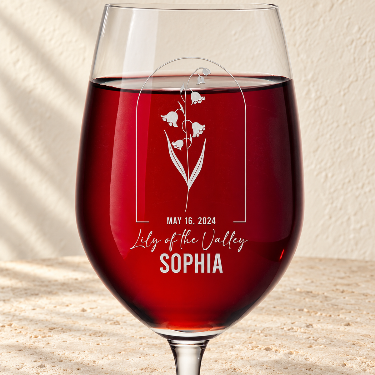 Personalized Wine Glass - Birth Flowers - "Lily of the Valley May"
