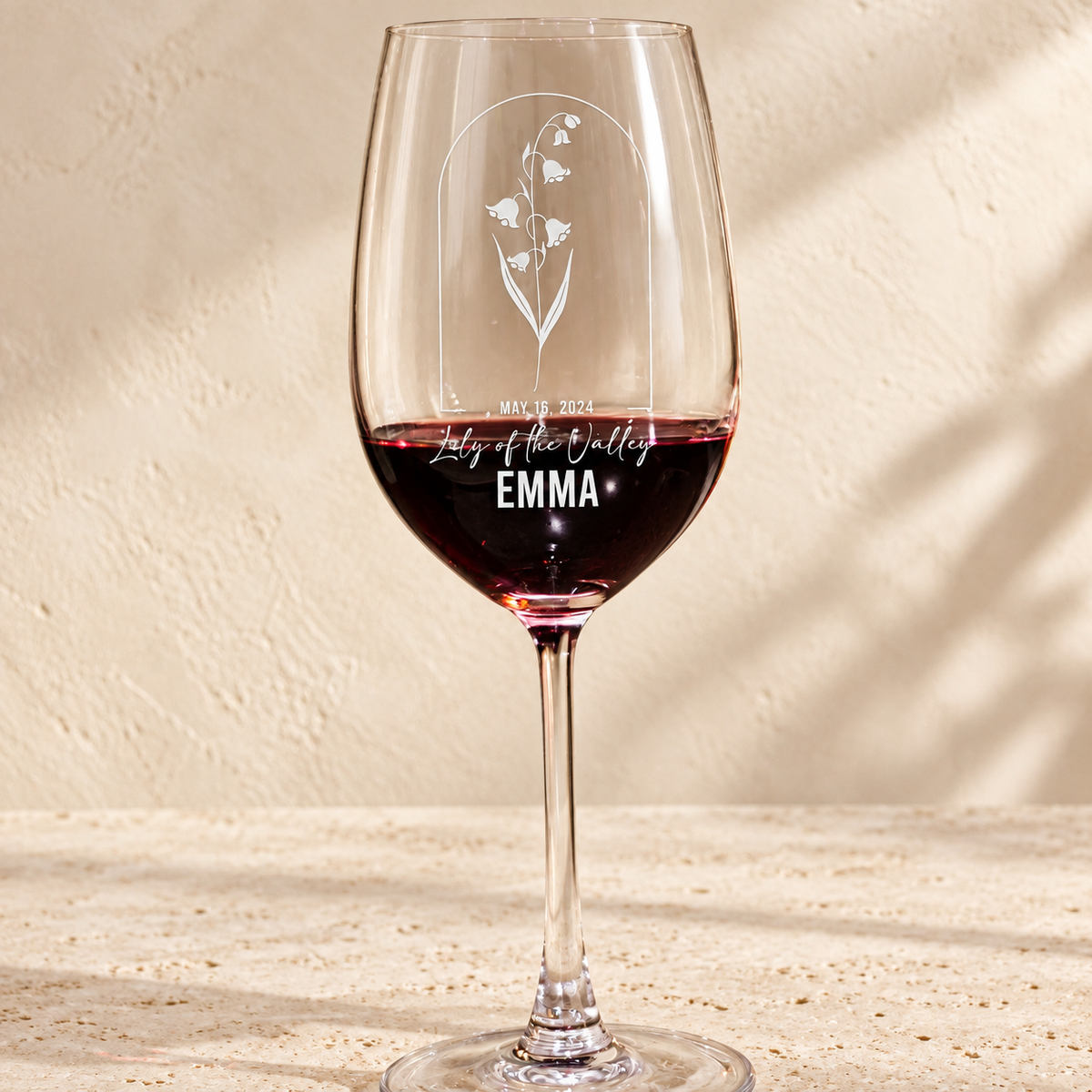 Personalized Wine Glass - Birth Flowers - "Lily of the Valley May"
