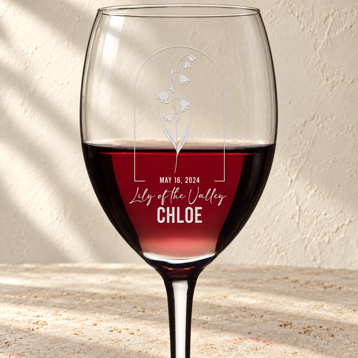 Personalized Wine Glass - Birth Flowers - "Lily of the Valley May"