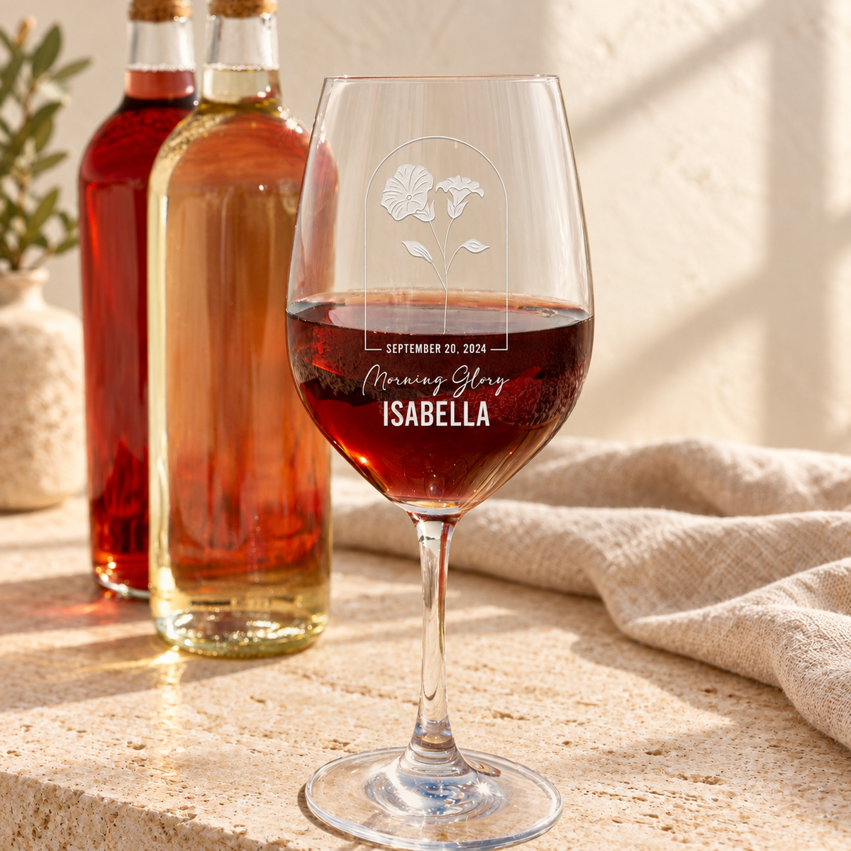 Personalized Wine Glass - Birth Flowers - "Morning Glory September" — editorial product photograph