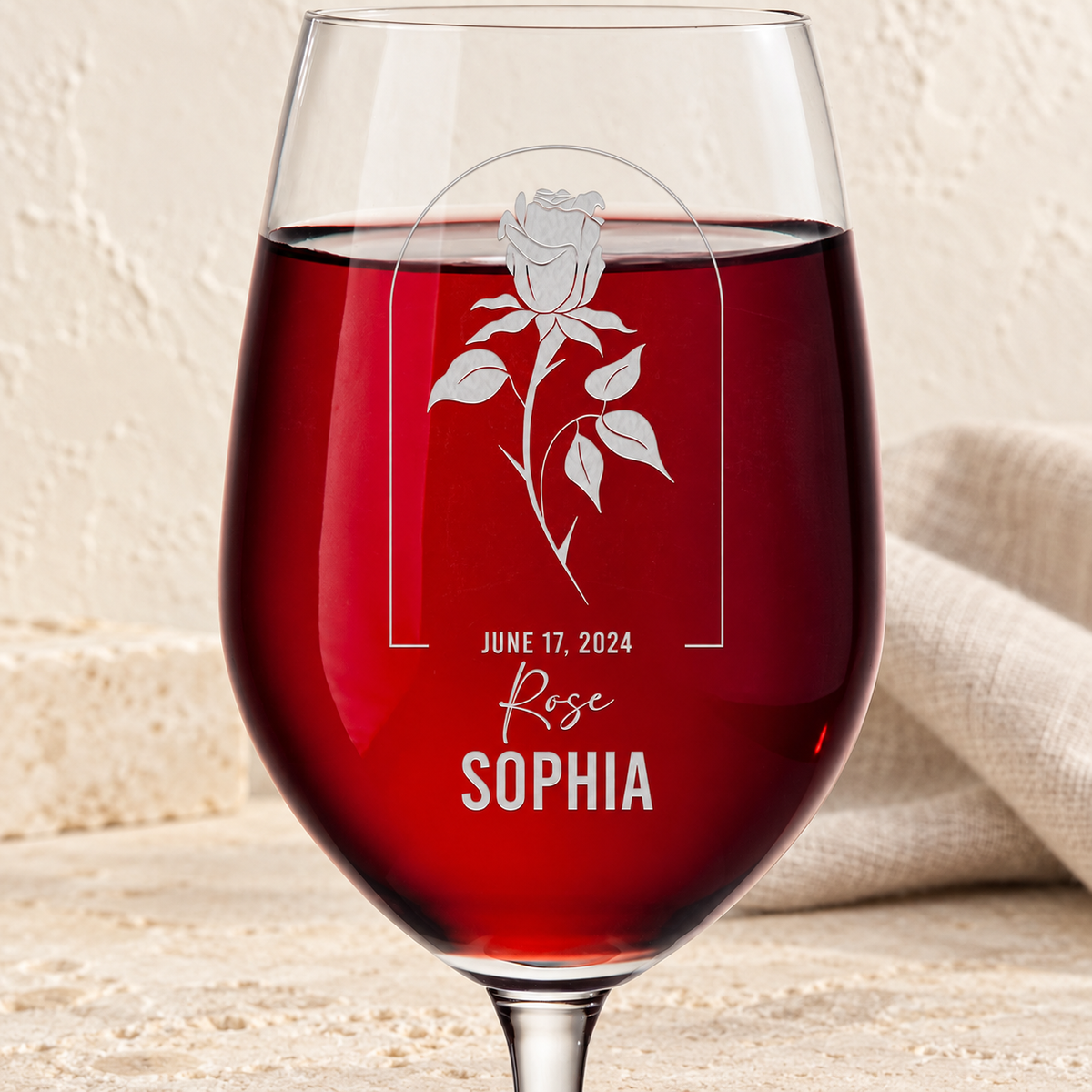 Personalized Wine Glass - Birth Flowers - "Rose June" — editorial product photograph