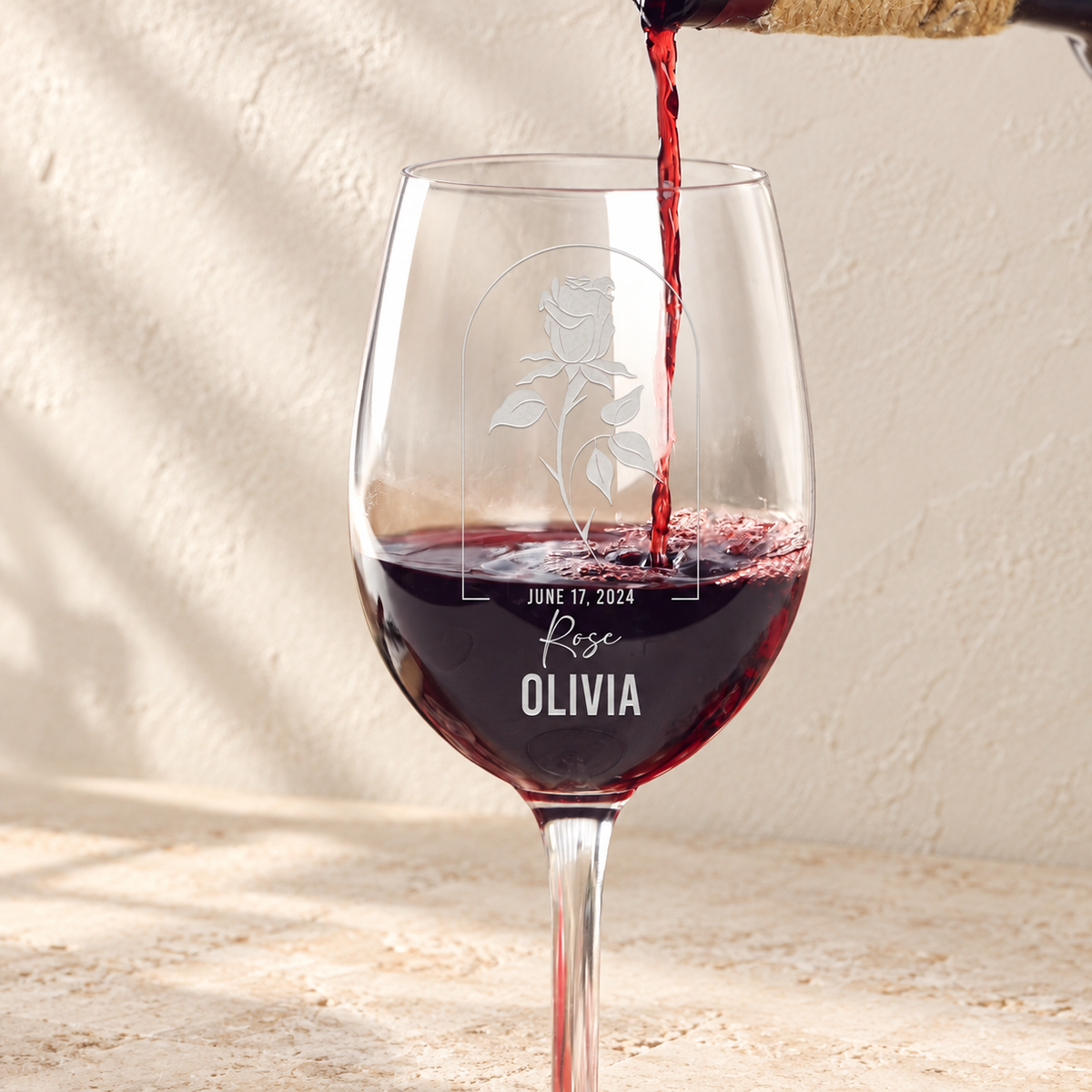 Personalized Wine Glass - Birth Flowers - "Rose June"