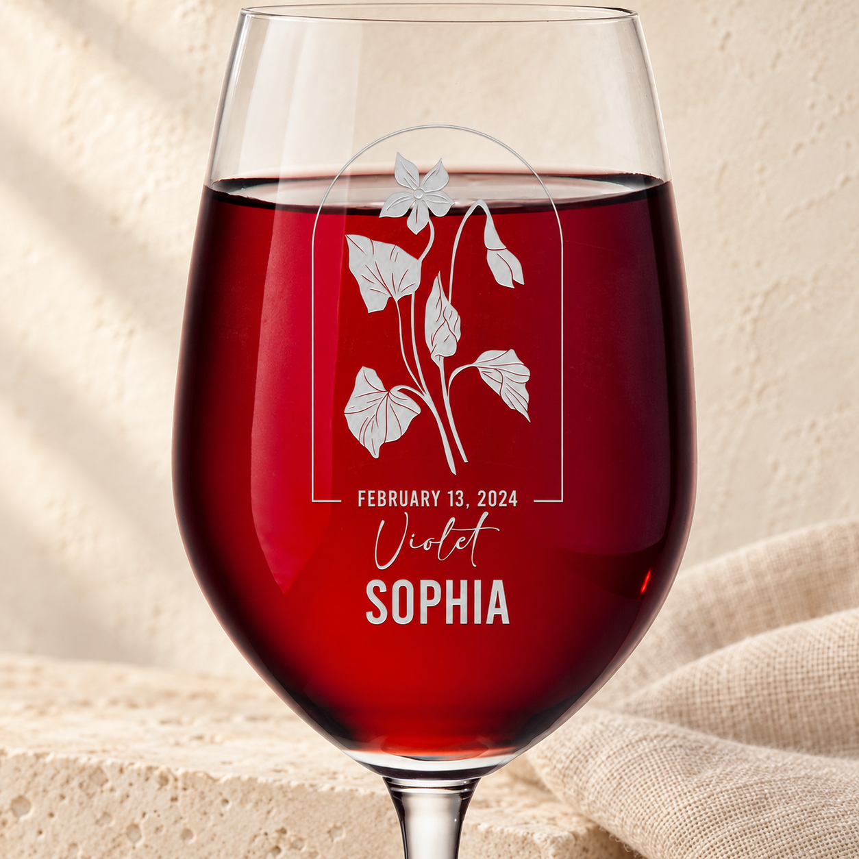 Personalized Wine Glass - Birth Flowers - "Violet February"