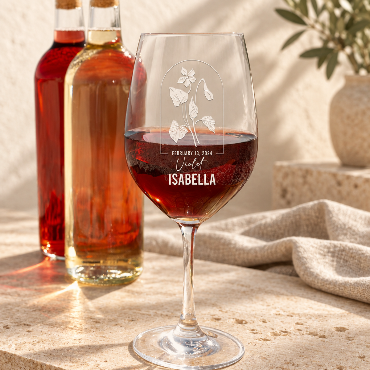 Personalized Wine Glass - Birth Flowers - "Violet February" — editorial product photograph