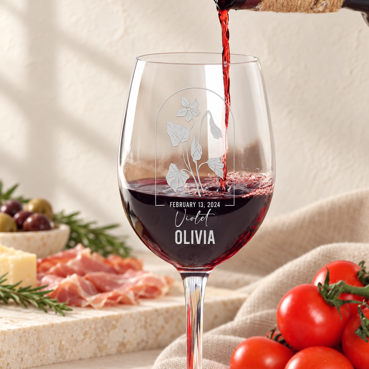 Personalized Wine Glass - Birth Flowers - "Violet February" — editorial product photograph