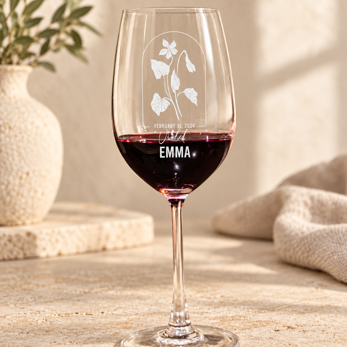 Personalized Wine Glass - Birth Flowers - "Violet February" — editorial product photograph