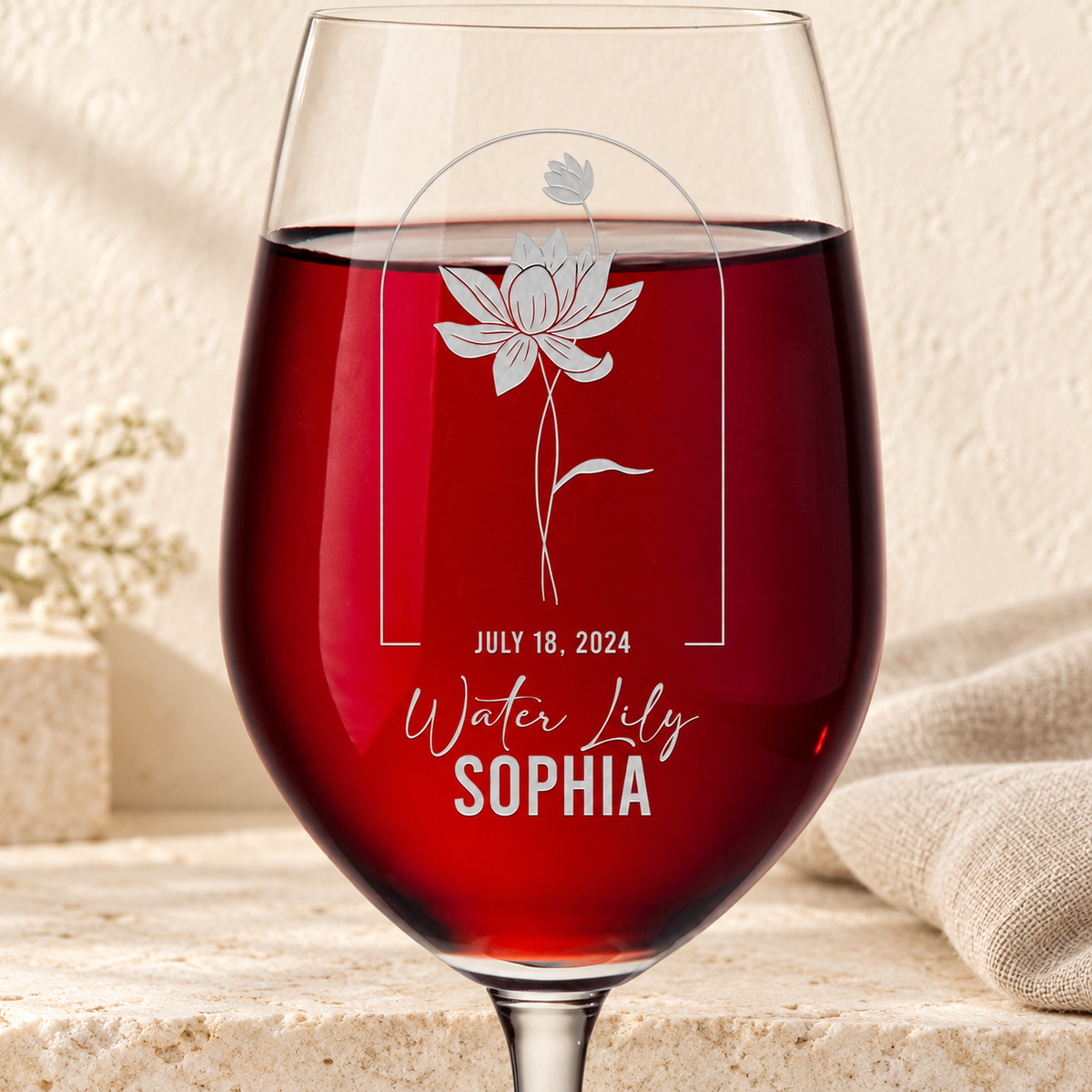 Personalized Wine Glass - Birth Flowers - "Water Lily July" — editorial product photograph