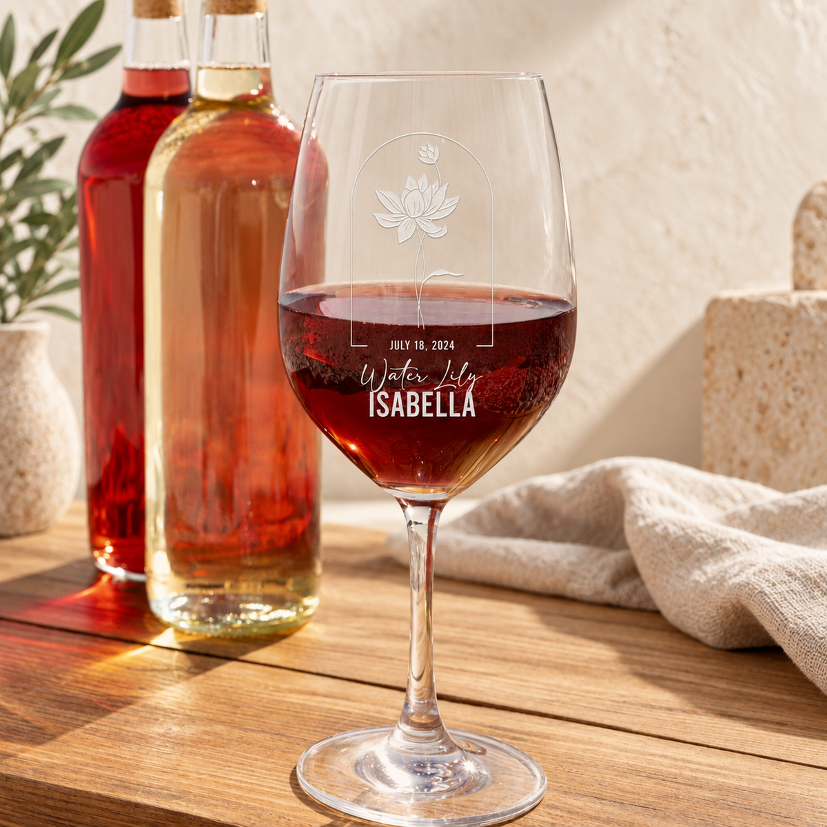 Personalized Wine Glass - Birth Flowers - "Water Lily July" — editorial product photograph