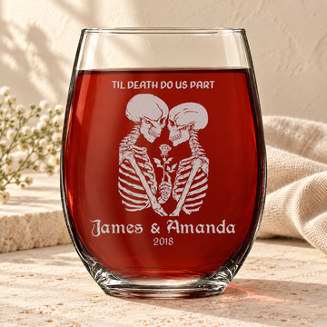 Personalized Stemless Wine Glass - "Goth Skeletons Love"
