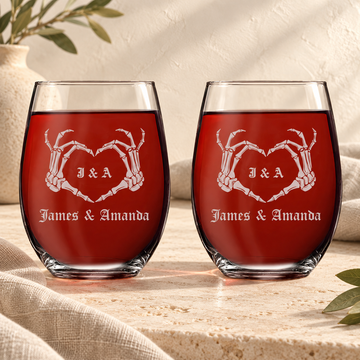 Personalized Stemless Wine Glass Set - "Goth Skeleton Heart"