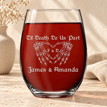 Personalized Stemless Wine Glass - "Goth Skeleton Hands"
