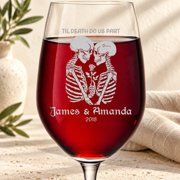 Personalized Wine Glass - "Goth Skeletons Love"