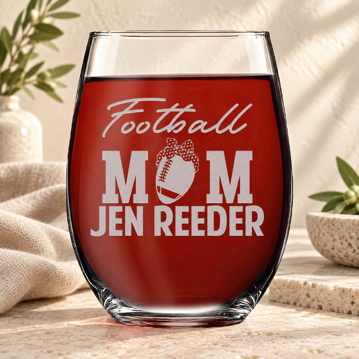 Personalized Stemless Wine Glass - "Football Mom"
