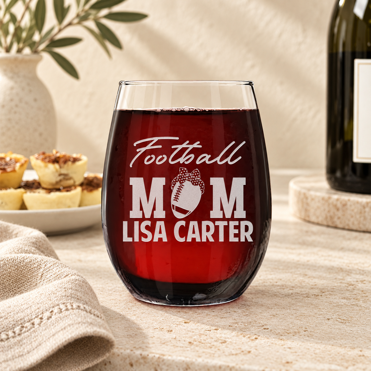 Personalized Stemless Wine Glass - "Football Mom"