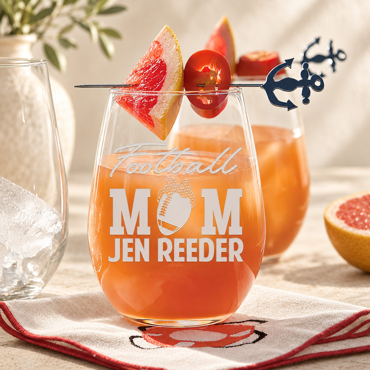Personalized Stemless Wine Glass - "Football Mom"