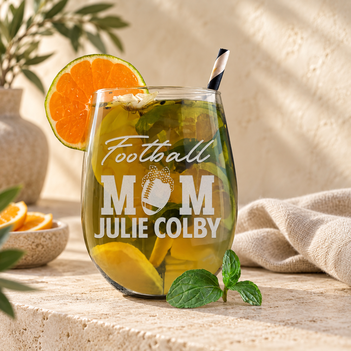 Personalized Stemless Wine Glass - "Football Mom"