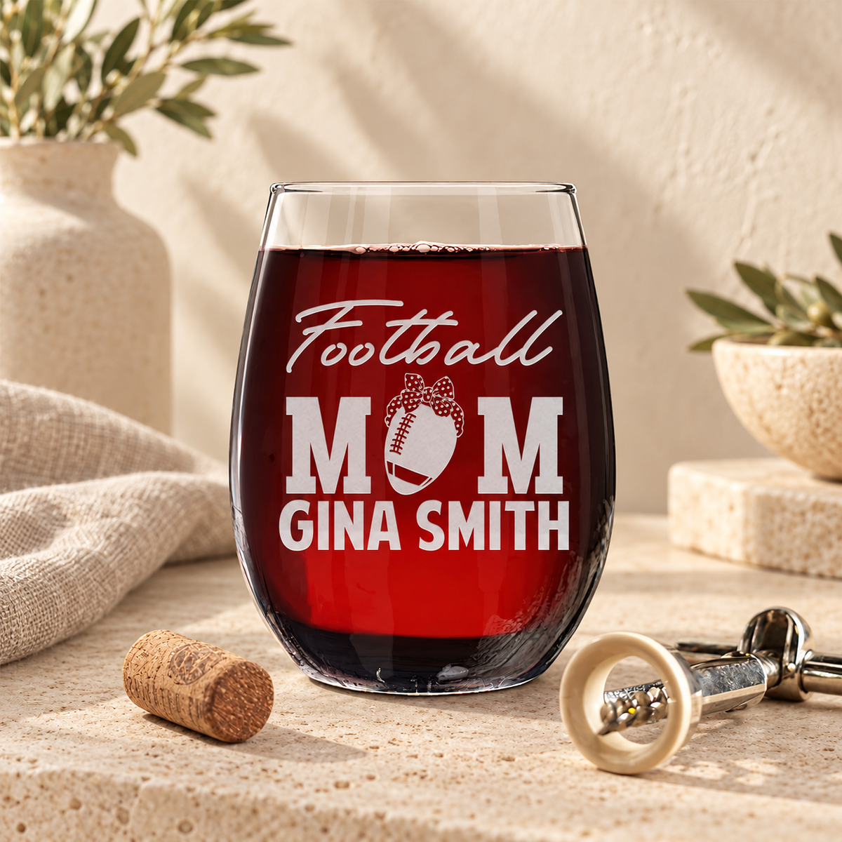 Personalized Stemless Wine Glass - "Football Mom"