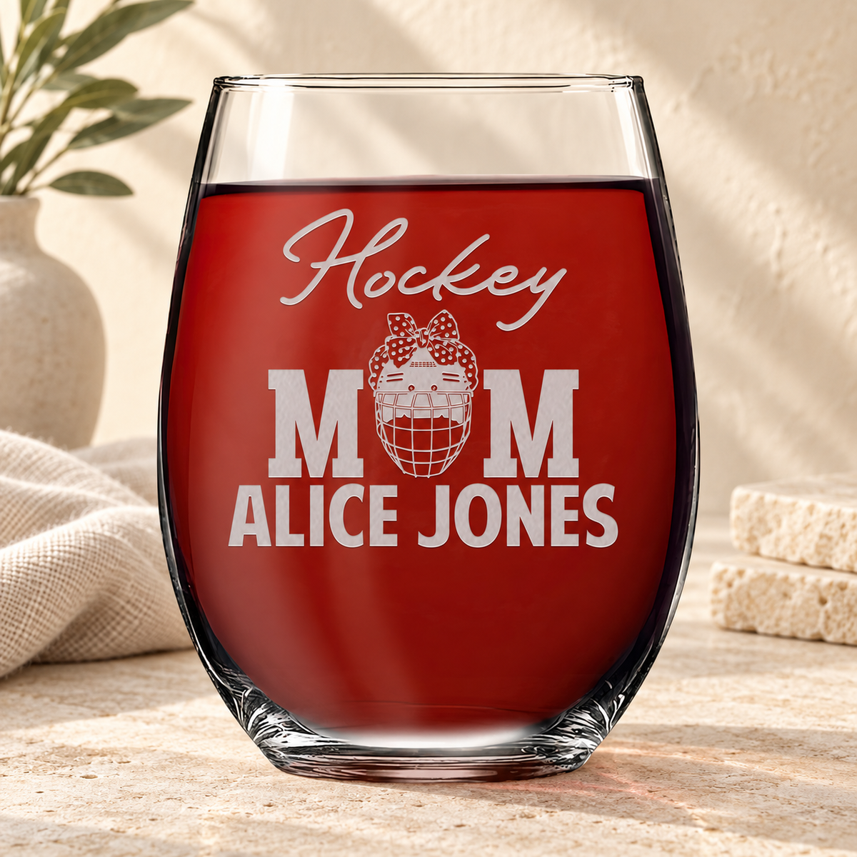 Personalized Stemless Wine Glass - "Hockey Mom"