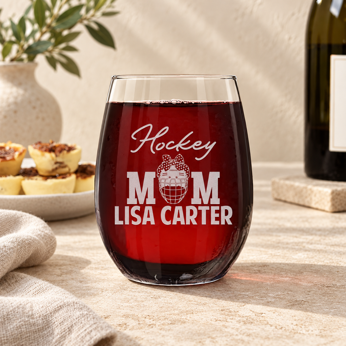Personalized Stemless Wine Glass - "Hockey Mom"
