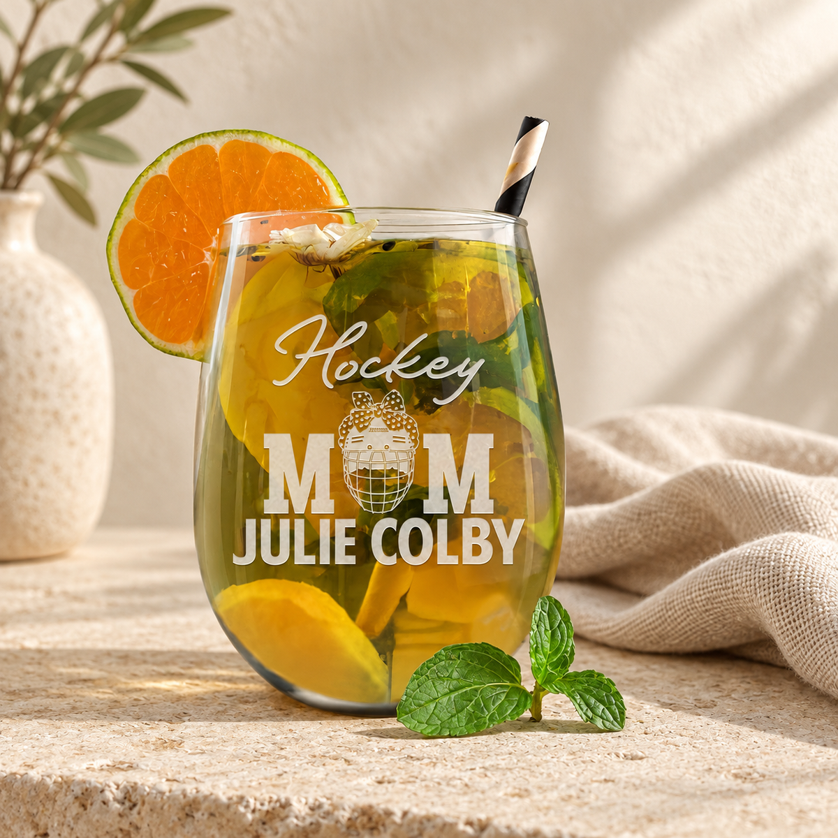 Personalized Stemless Wine Glass - "Hockey Mom" — editorial product photograph