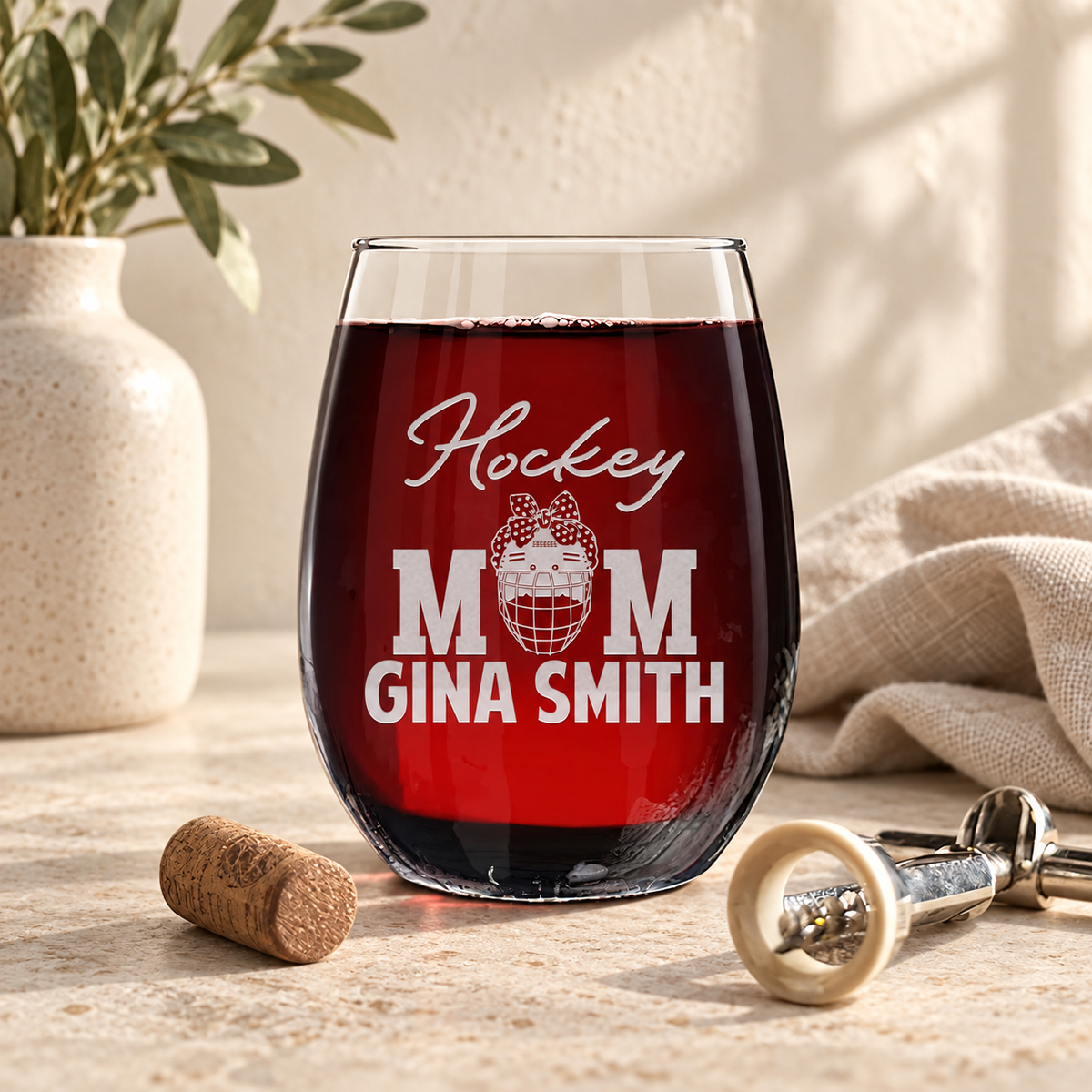 Personalized Stemless Wine Glass - "Hockey Mom" — editorial product photograph