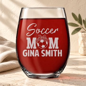 Personalized Stemless Wine Glass - "Soccer Mom" — editorial product photograph