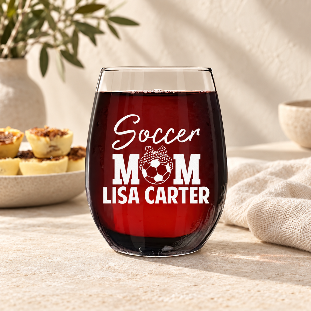 Personalized Stemless Wine Glass - "Soccer Mom" — editorial product photograph