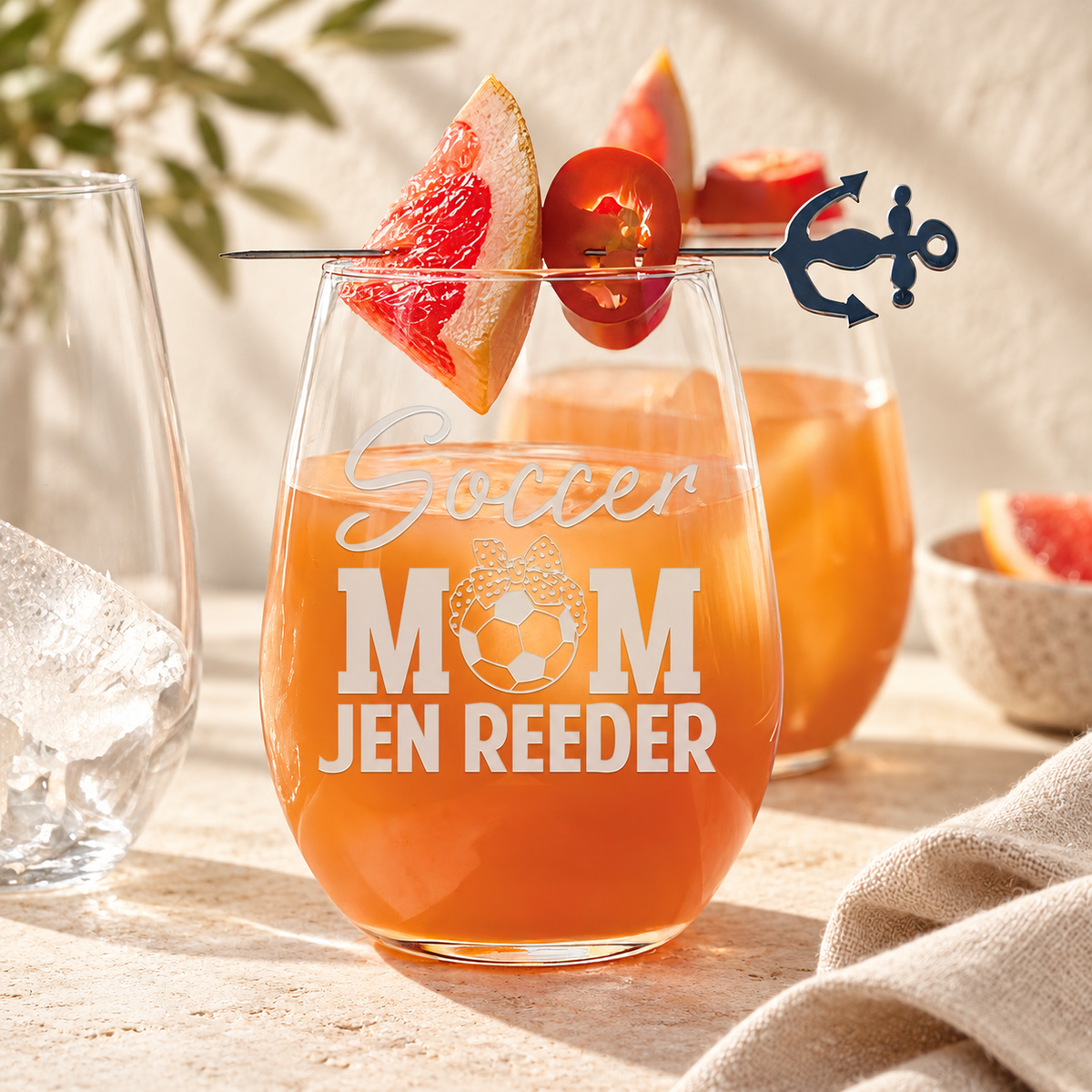 Personalized Stemless Wine Glass - "Soccer Mom" — editorial product photograph