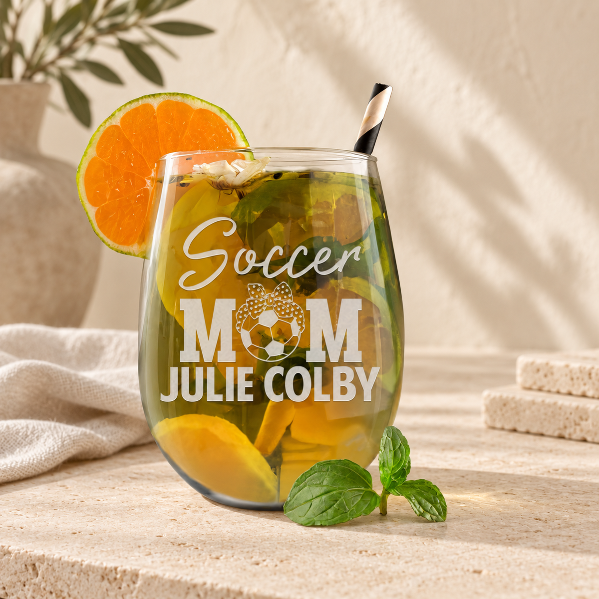 Personalized Stemless Wine Glass - "Soccer Mom" — editorial product photograph