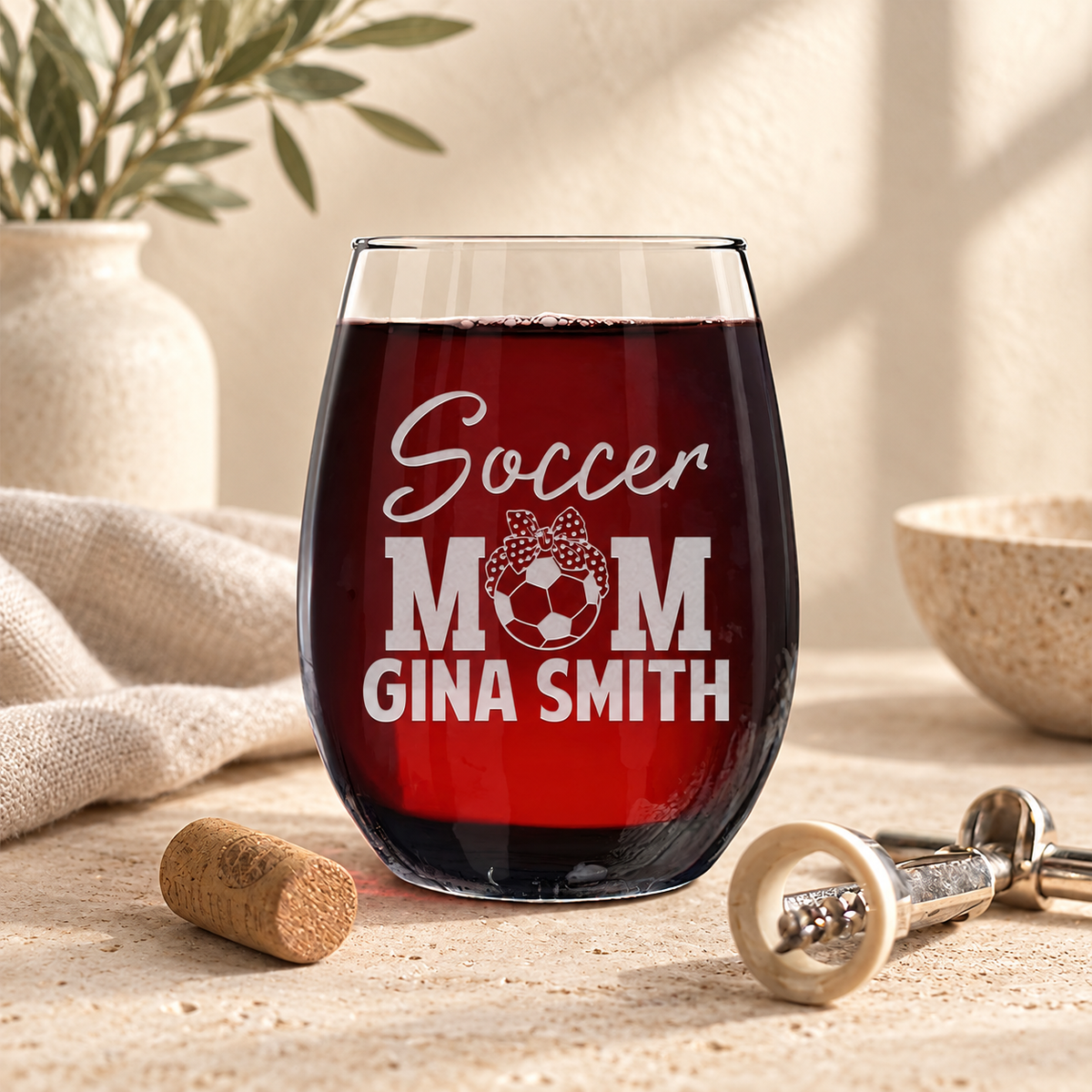 Personalized Stemless Wine Glass - "Soccer Mom" — editorial product photograph