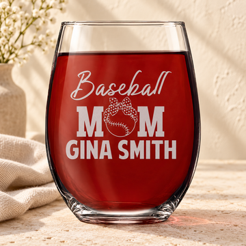 Personalized Stemless Wine Glass - "Baseball Mom" — editorial product photograph