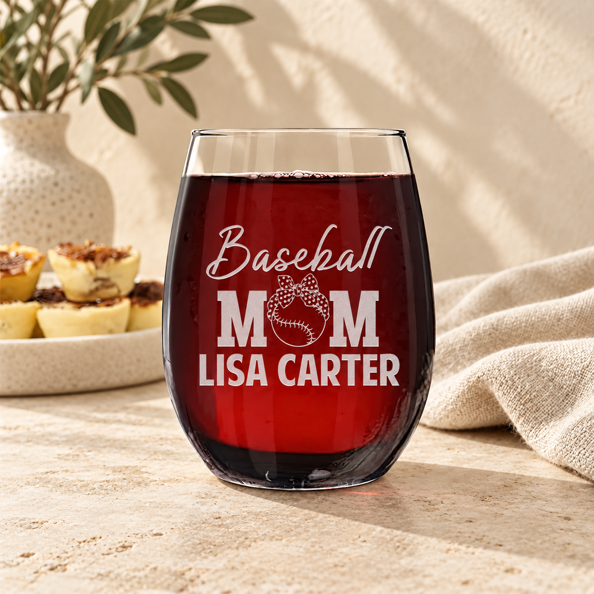 Personalized Stemless Wine Glass - "Baseball Mom" — editorial product photograph