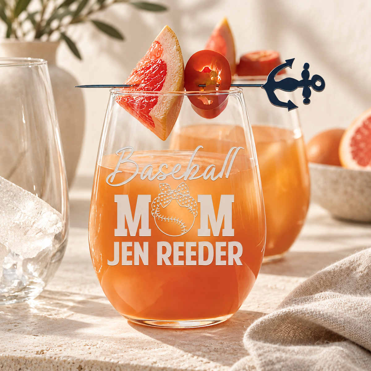 Personalized Stemless Wine Glass - "Baseball Mom" — editorial product photograph