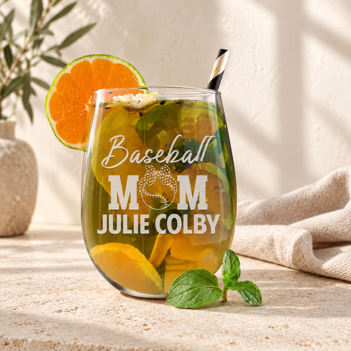 Personalized Stemless Wine Glass - "Baseball Mom" — editorial product photograph