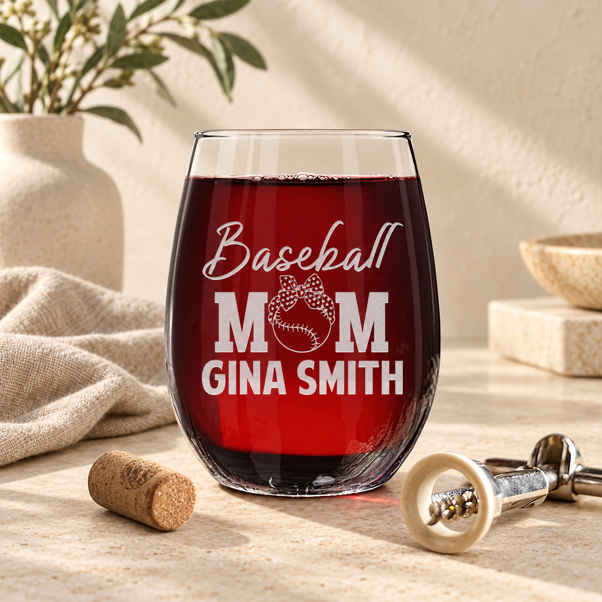 Personalized Stemless Wine Glass - "Baseball Mom" — editorial product photograph