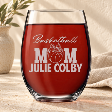 Personalized Stemless Wine Glass - "Basketball Mom" — editorial product photograph